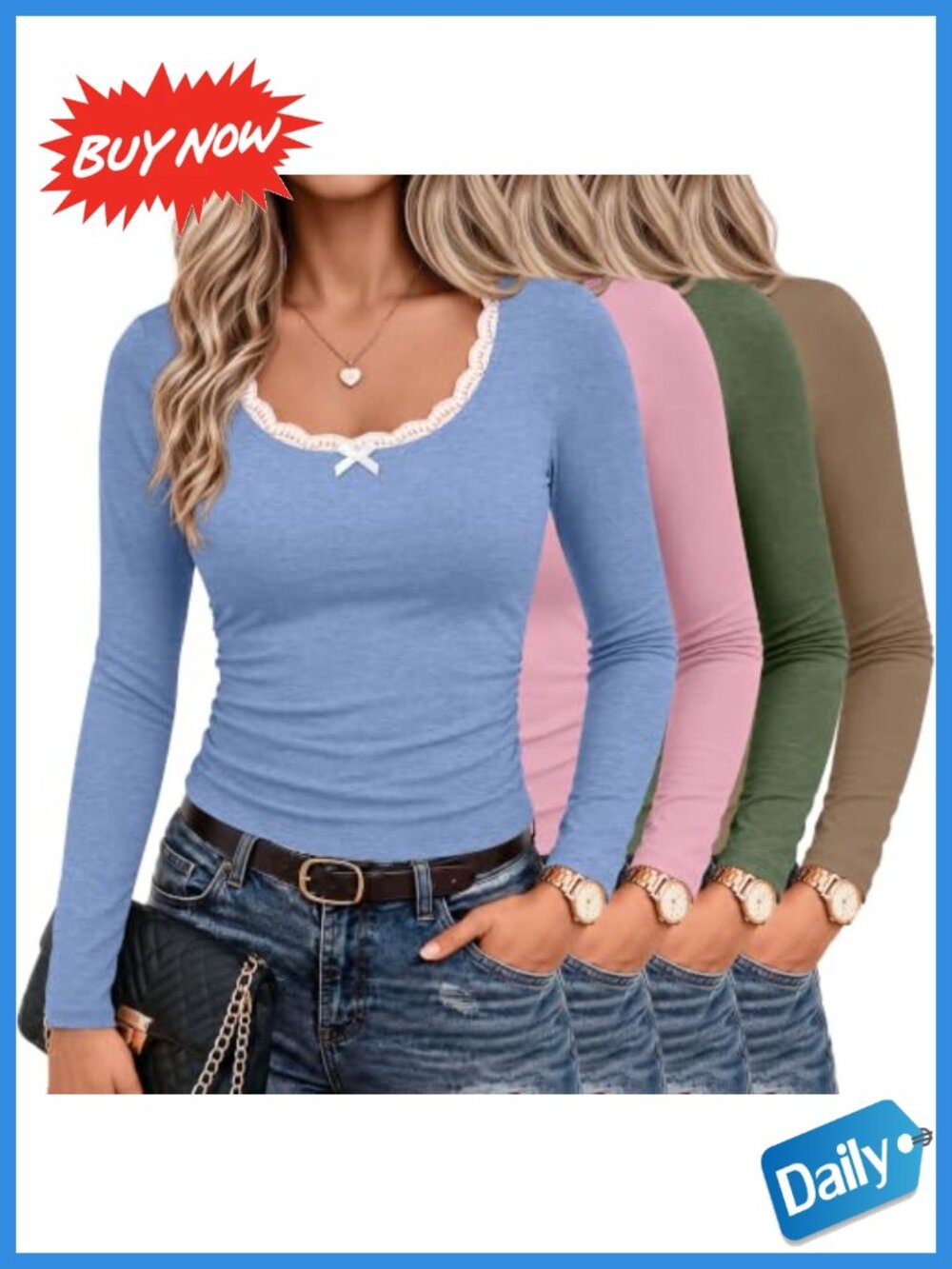4 Pack Womens Knit Long Sleeve U Neck Slim Fit Tops Lace Bow Detail